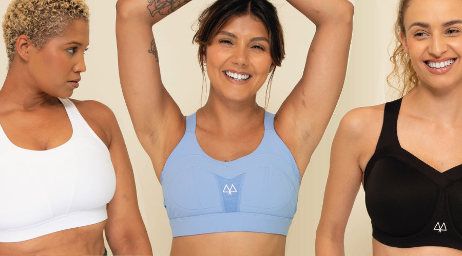 Three styles of maaree sports bras worn by three different women